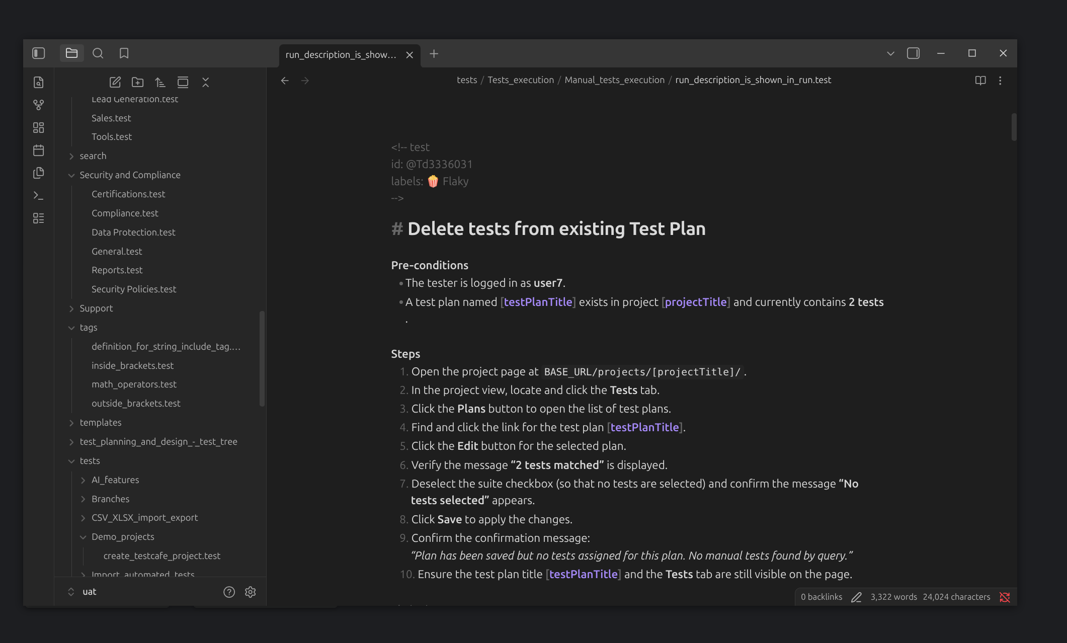 Testomat.io tests opened in Obsidian vault